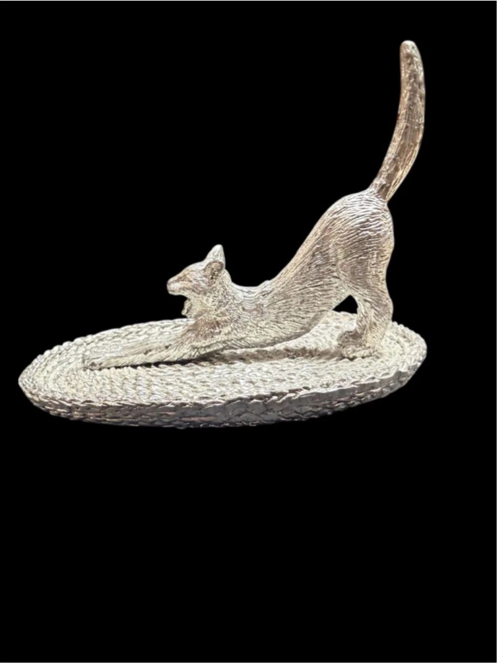 Vintage 1998 Pewter Cat Ring Holder Trinket Dish Stretching Cat Vanity Catchall